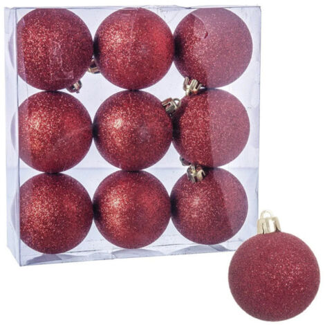 Set de 9 boules de Noël rouges à paillettes - 6cm