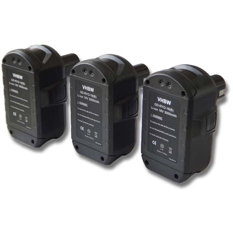 

3x Batería recargable compatible con Ryobi LDD1802PB, LDD-1802PB, LFP-1802S, LRS-180, OBL-1801 herramientas eléctricas (3000 mAh Li-Ion 18 V) - Vhbw