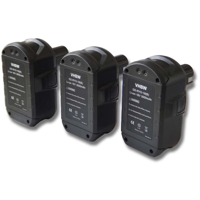 

3x Batería recargable compatible con Ryobi P3300, P3310, P340, P400, P410, P420, P430, P500, P501 herramientas eléctricas (3000 mAh Li-Ion 18 V)