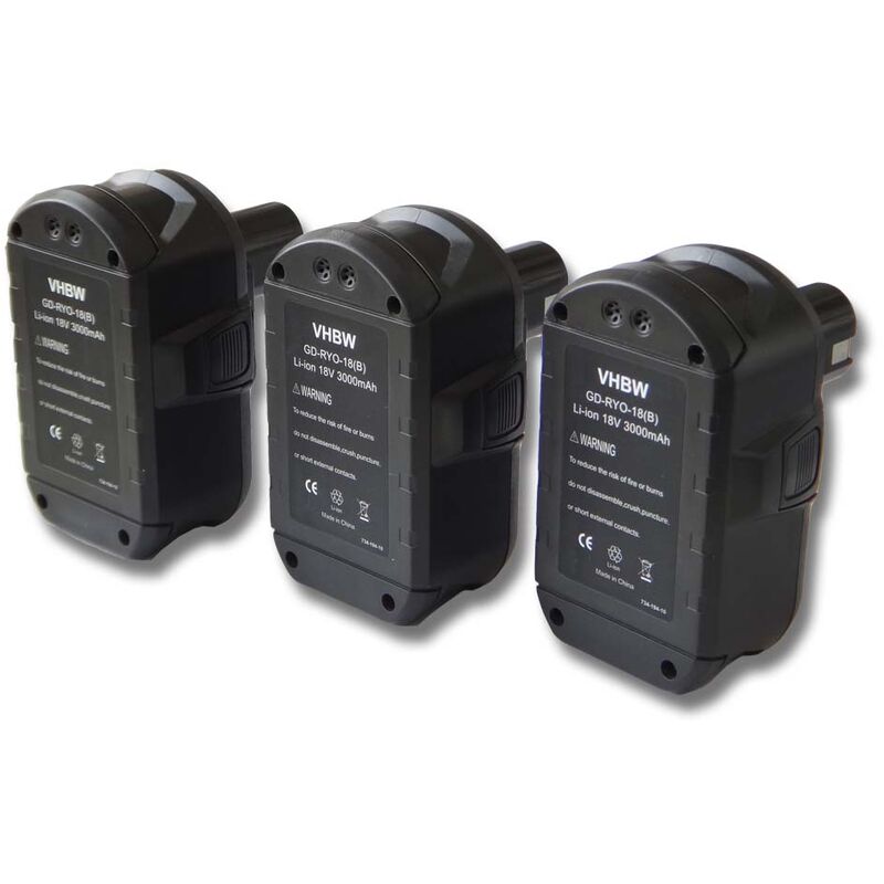 

3x Batería recargable compatible con Ryobi CNS-180L, CP-180M, CPD-1800, CPL-180M, CRA-180M herramientas eléctricas (3000 mAh Li-Ion 18 V) - Vhbw