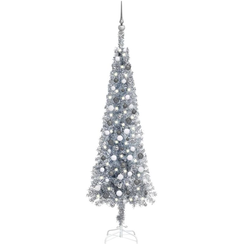 

Set de árbol de Navidad estrecho con LED y bola plateado 210 cm