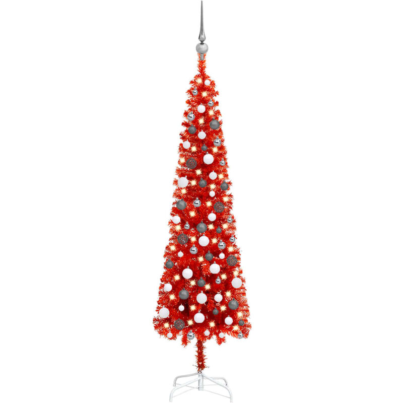 

Set de árbol de Navidad estrecho con LED y bola rojo 180 cm