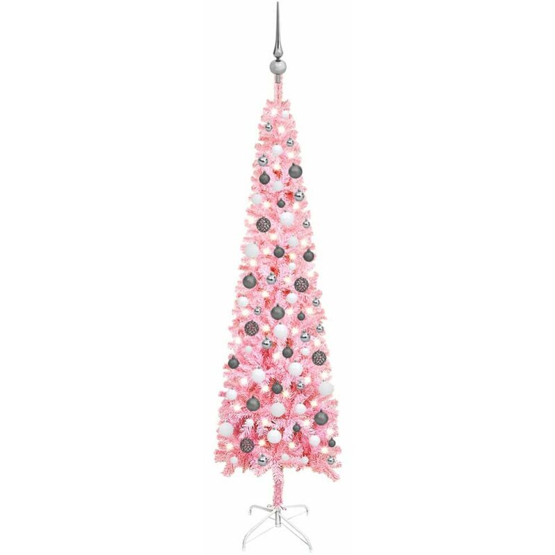 

Set de arbol de Navidad estrecho con LED y bola rosa 180 cm