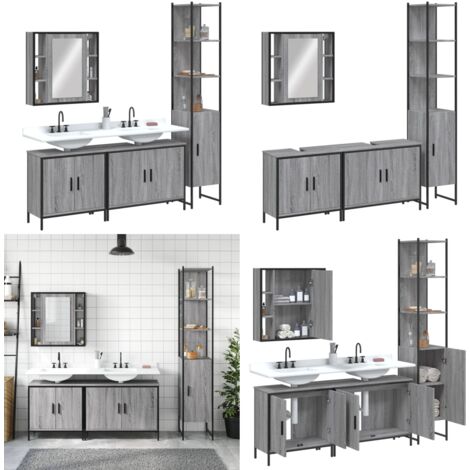 Set de armario de baño 4 pzas madera contrachapada gris sonoma - Armario de baño con espejo - Armario de baño gris