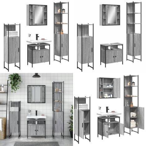 Set de armario de baño 4 pzas madera contrachapada gris sonoma - Armario de espejo - Armario de lavabo