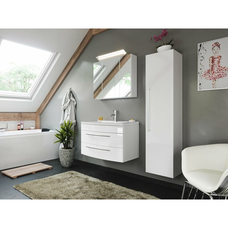 

Set de baño Bella 80 blanco brillante con armario con espejo LED y columna