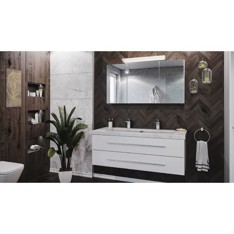 

Set de baño Damo 130 Armario de espejos & Carrara-mármol 2 agujeros grifo Blanco