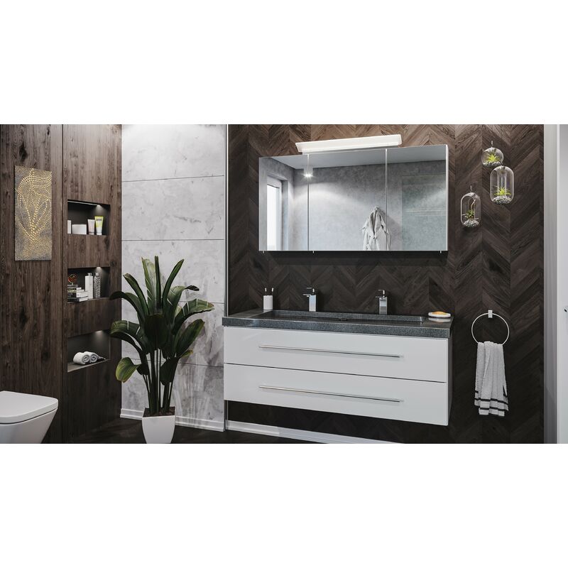 

Set de baño Damo 130 Armario de espejos & granito G654 2 agujeros grifo Blanco