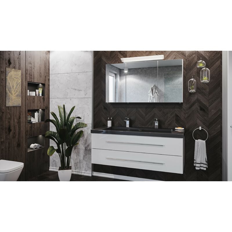 

Set de baño Damo 130 Armario de espejos & granito India Black 2 agujeros Blanco