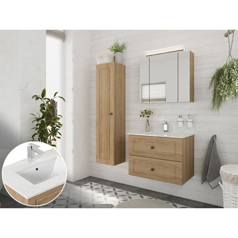 

Set de baño Ely 70 Cottage cuarzo 3pzs armario con espejo Roble claro