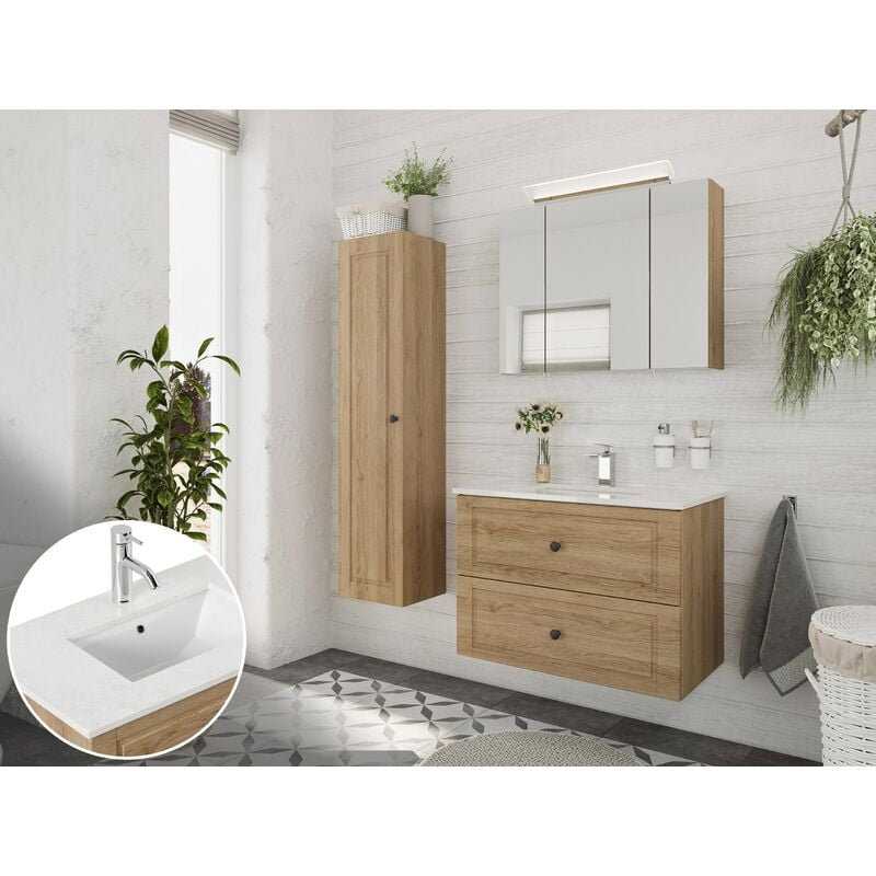

Set de baño Ely 80 Cottage cuarzo 3pzs armario con espejo Roble claro