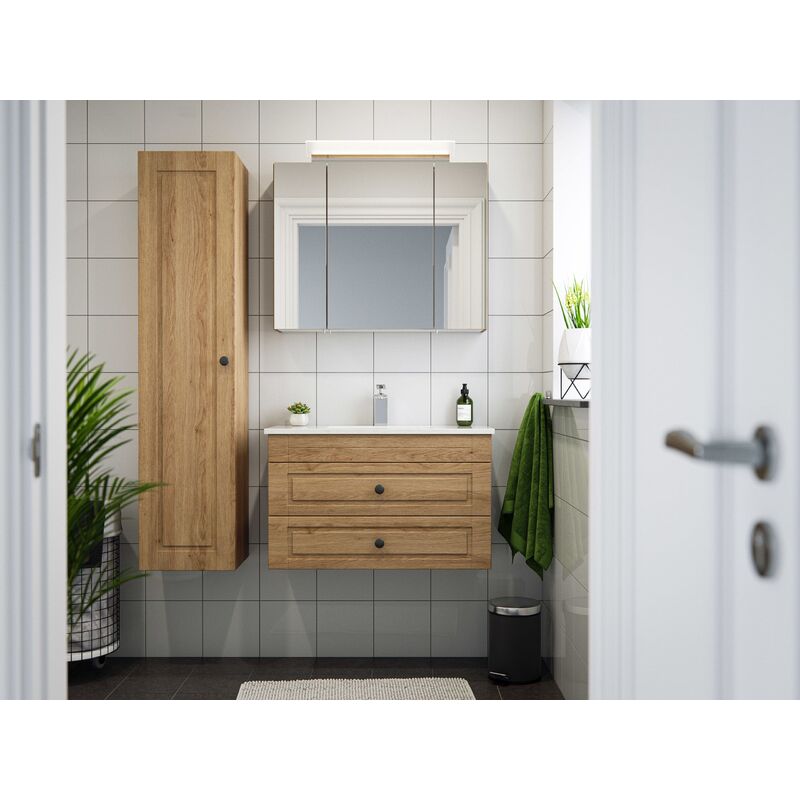 

Set de baño Eton 800 Cottage cuarzo 3pzs armario con espejo Roble claro