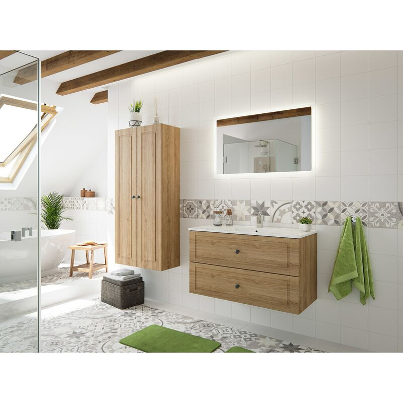 

Set de baño Firenze 100 Cottage 4pzs espejo LED Roble claro