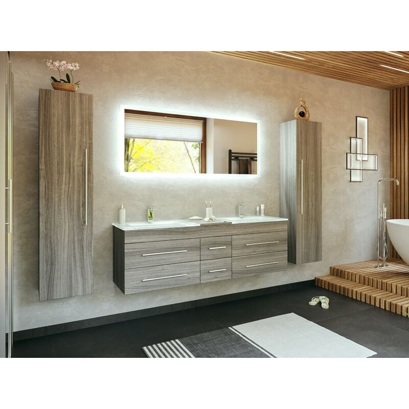 

Set de baño Vitro XL 4U incl. lavabos cristal, espejo LED Roble plateado