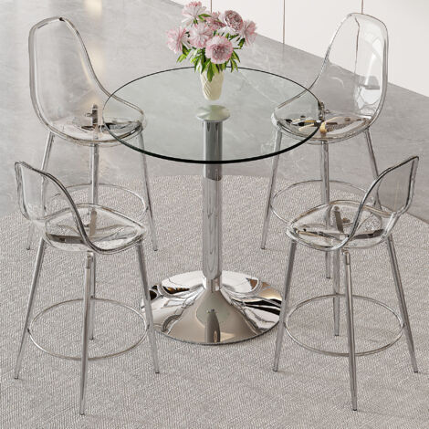 Set de bar flexible : 89 cm de table en verre + 4 tabourets transparents – conçu spécialement pour les cuisines ouvertes européennes. Structure en métal argenté, avec des pieds confortables.