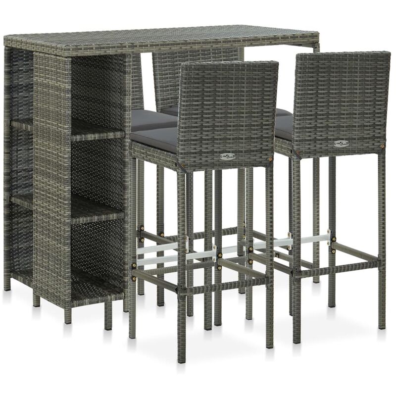

Set de bar para jardín 5 piezas y cojines ratán sintético gris