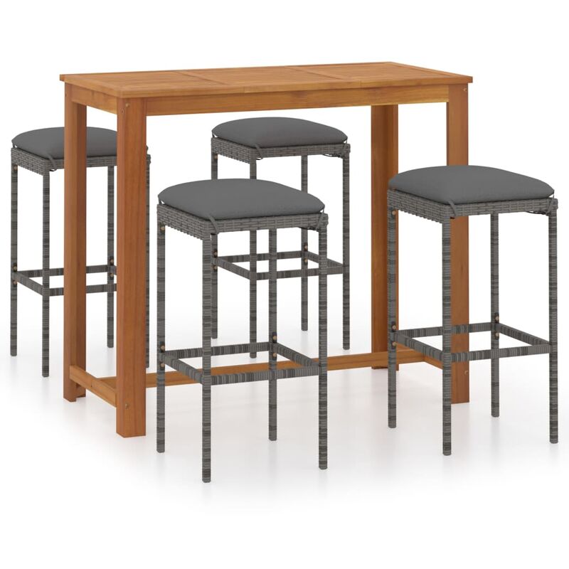 

Set de bar para jardín 5 piezas y cojines ratán sintético gris