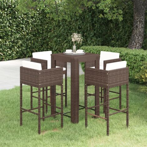 Set de bar para jardín 5 pzas y cojines ratán sintético marrón