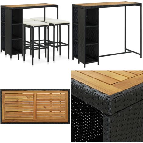 Set de bar para jardín 5 pzas y cojines ratán sintético negro - Bar de patio - Bar de terraza