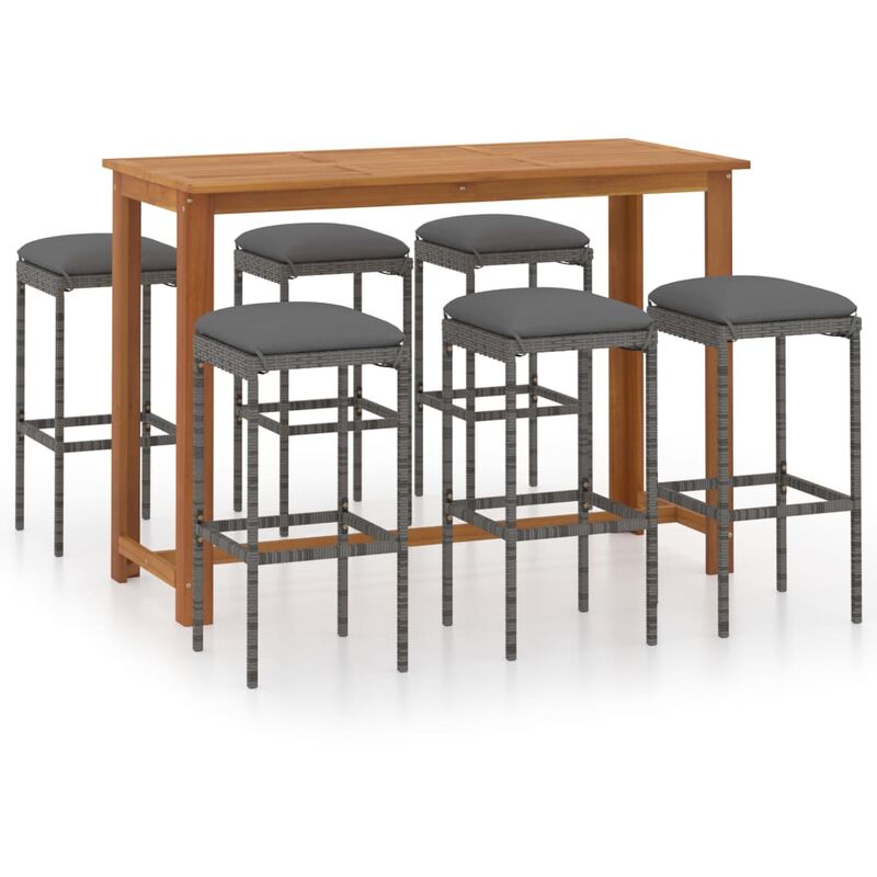 

Set de bar para jardín 7 piezas y cojines ratán sintético gris