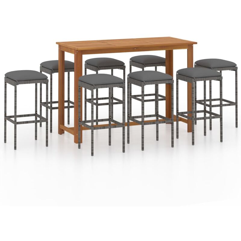 

Set de bar para jardín 9 piezas y cojines ratán sintético gris - Gris