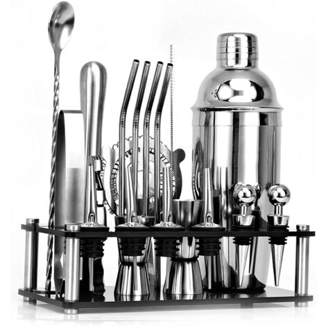 Set de barman para preparar bebidas 20 piezas, acero inoxidable, coctelera plateada 750 ml, soporte acrílico negro