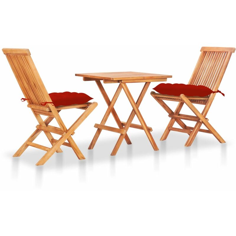

Set de bistró 3 piezas madera maciza de teca con cojines rojos