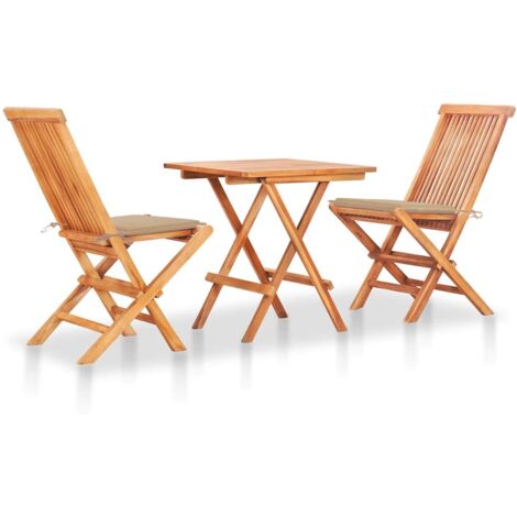 Set de bistró 3 piezas con cojines beige madera maciza teca