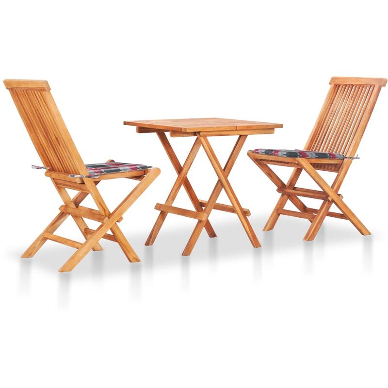 

Set de bistró 3 piezas madera de teca y cojines a cuadros rojos