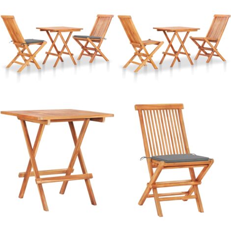 Set de bistró 3 pzas con cojines grises madera maciza de teca - Muebles de jardín - Bistró