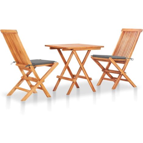 Set de bistró 3 pzas con cojines grises madera maciza de teca vidaXL