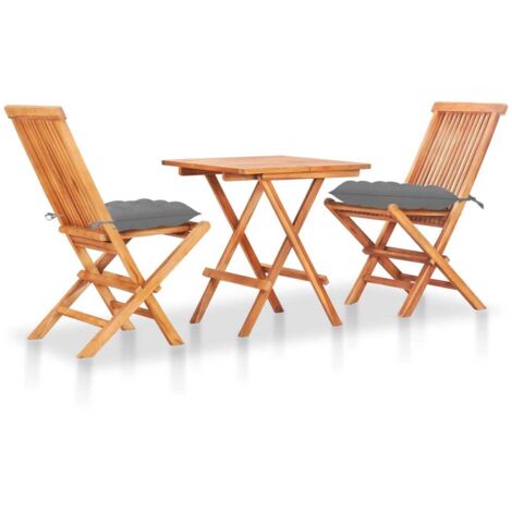 Set de bistró 3 pzas madera maciza de teca con cojines grises
