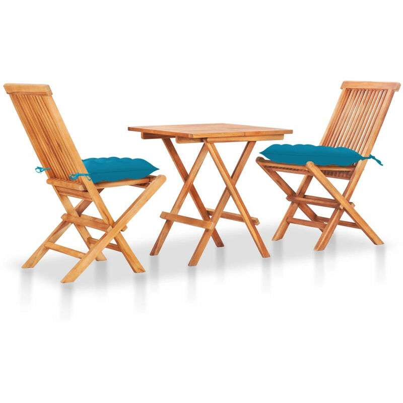 

Set de bistro 3 pzas madera maciza de teca y cojines azul claro