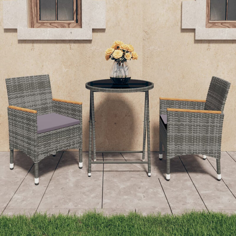 

Set de bistro jardin 3 pzs ratan sintetico vidrio templado gris