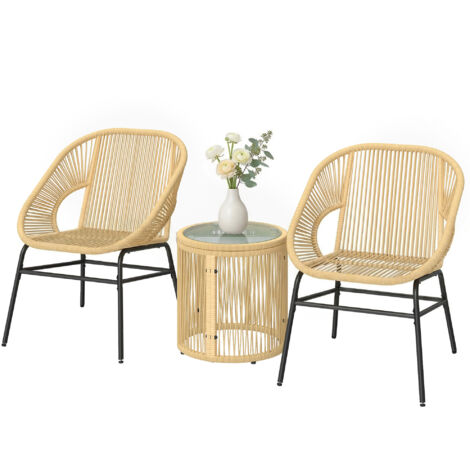 Set de Bistrot 3 pièces en rotin et acier avec 2 chaises, table ronde plateau verre trempé beige