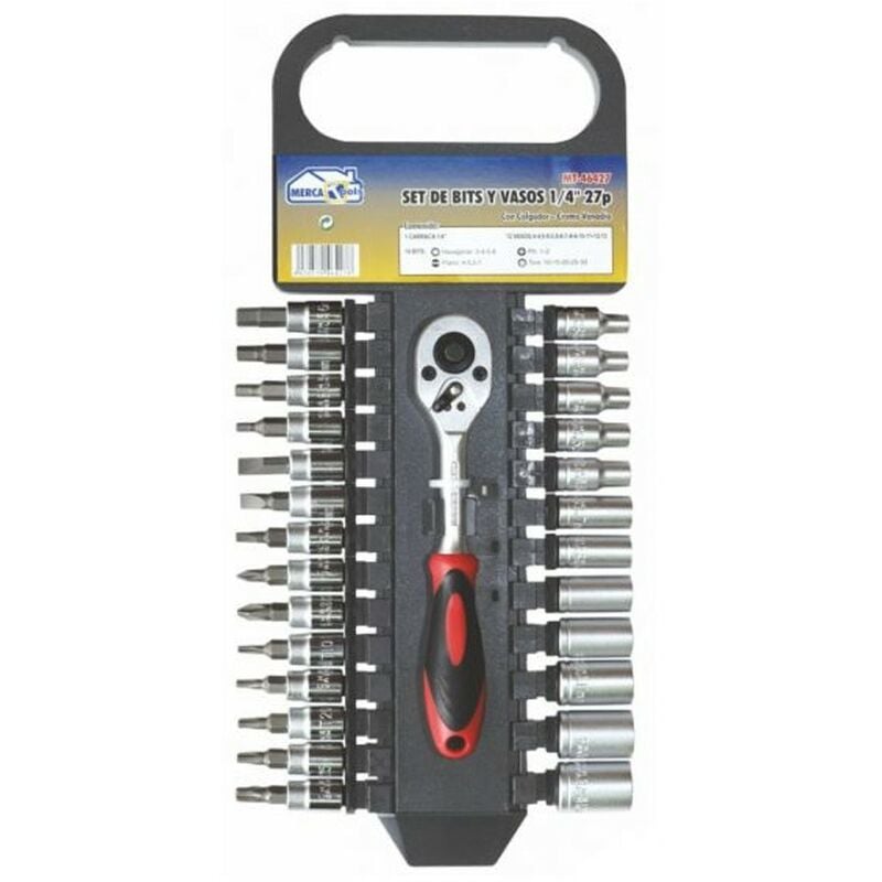 

Set de Bits y Vasos 1/4' 27 Pc con Colgador | Mango llave carraca y cabezales bits intercambiables
