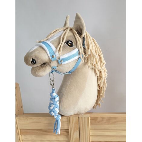 Set de caballito de juguete: Cabestro A3 con pelo blanco y correa de cuerda - Blanco y azul
