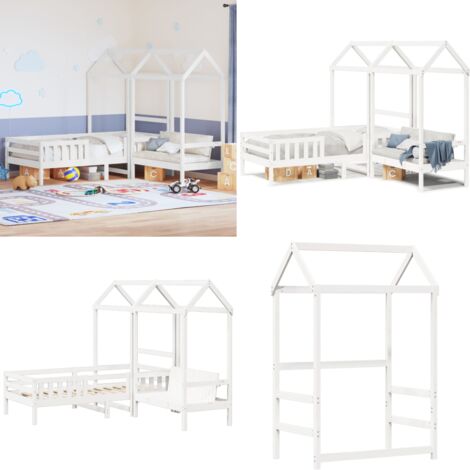 Set de cama y banco con techo madera de pino blanco 80x200 cm - Banco con techo - Cama infantil