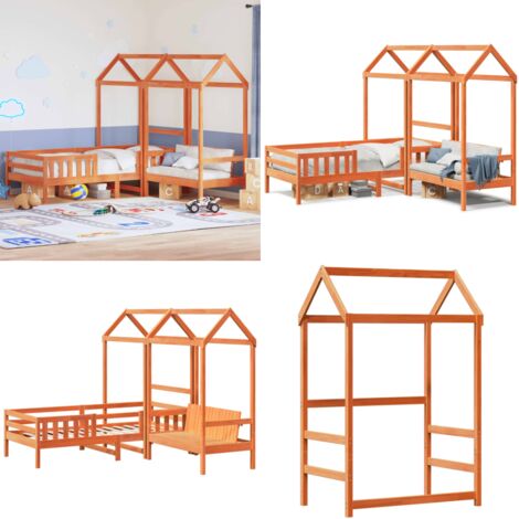 Set de cama y banco con techo madera de pino marrón 80x200 cm - Banco con techo - Cama infantil
