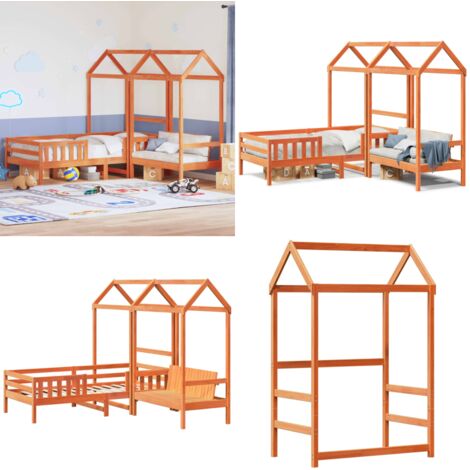 Set de cama y banco con techo madera de pino marrón 90x200 cm - Banco con techo - Cama infantil