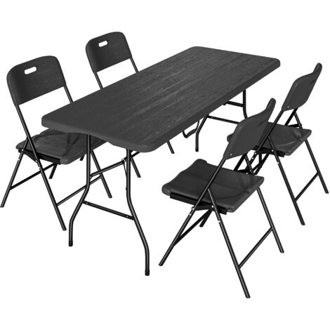 Set de camping 5 pièces avec table pliable et 4 chaises, en HDPE et métal noir