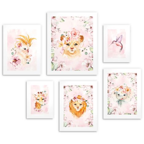 Set de carteles infantiles Pink Jungle Africa Picture Gallery 6 piezas 100x100