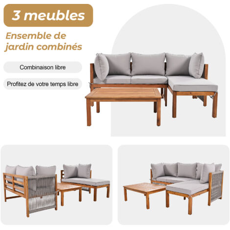 Set de chaises de jardin (3 pièces), cadre en acacia, dossiers en corde grise. Set de meubles de jardin en forme de L, avec pieds réglables. 2 chaises et 1 table. Nom du produit précédent : HW24015AAA