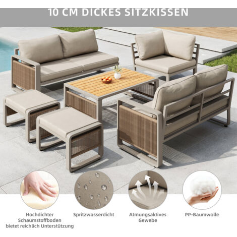 Set de chaises de jardin pour 6-7 personnes, chaise corde tissée main, structure fer, coussins doux, pieds ajustables, couleur beige.