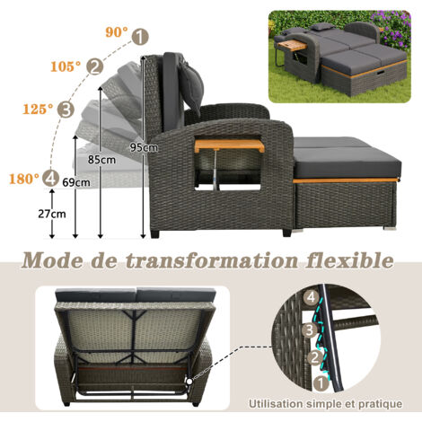 Set de chaises et fauteuils pour 2 personnes. Matériau : rotin gris. Le dossier peut être ajusté. Il existe un appui-tête disponible. La chaise peut également être utilisée comme lit de plein air.