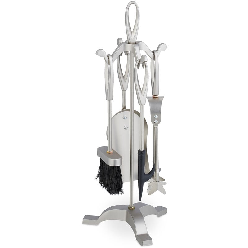 Relaxdays - Serviteur de cheminée, 5 pièces, tisonnier, pelle, balai, pince & serviteur, accessoire poêle, fer, argenté