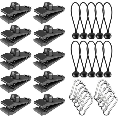 Set de Clips Bâche Noire en Plastique 10 Crochets, 10 Cordes Connectées et 10 Mousquetons pour Pergola Attache Toile et Tendeur Corde Élastique