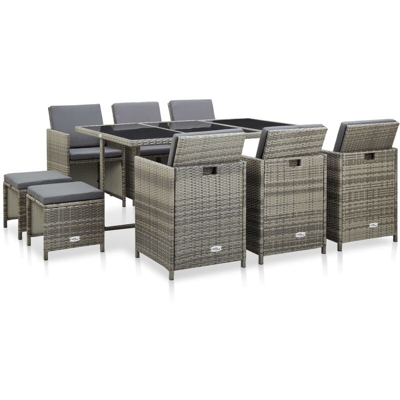 

Set de comedor de jardín 11 pzas y cojines ratán sintético gris