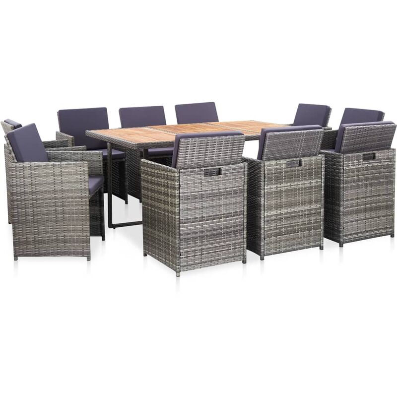 

Set de comedor de jardín 11 pzas y cojines ratán sintético gris