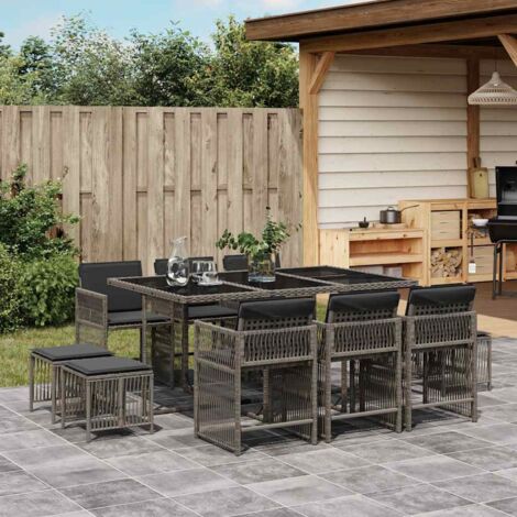 Set de comedor de jardín 11 pzas y cojines ratán sintético gris